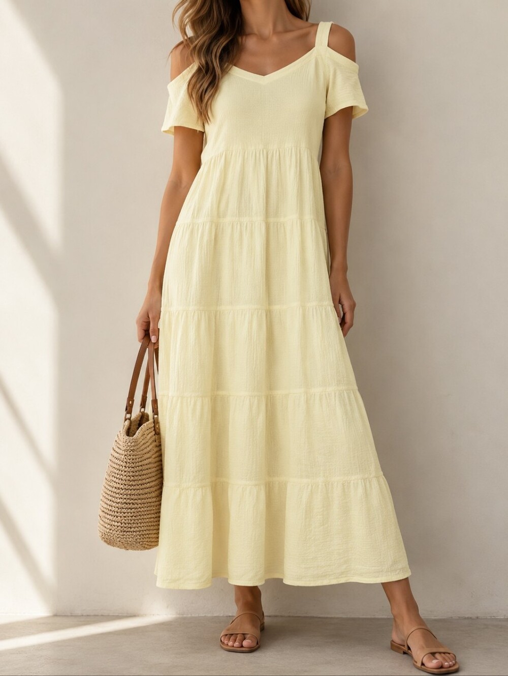 Dunes 100% Cotton Tiered Maxi Dress Cold Shoulder Cutout Textured Boho Peasant